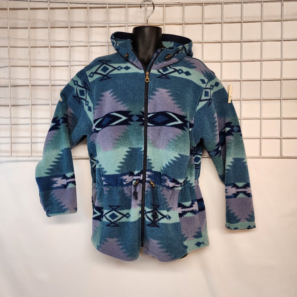 L Vintage 80s 90s Woolrich Aztec Native Tribal Print Fleece Hoodie Jacket Zip